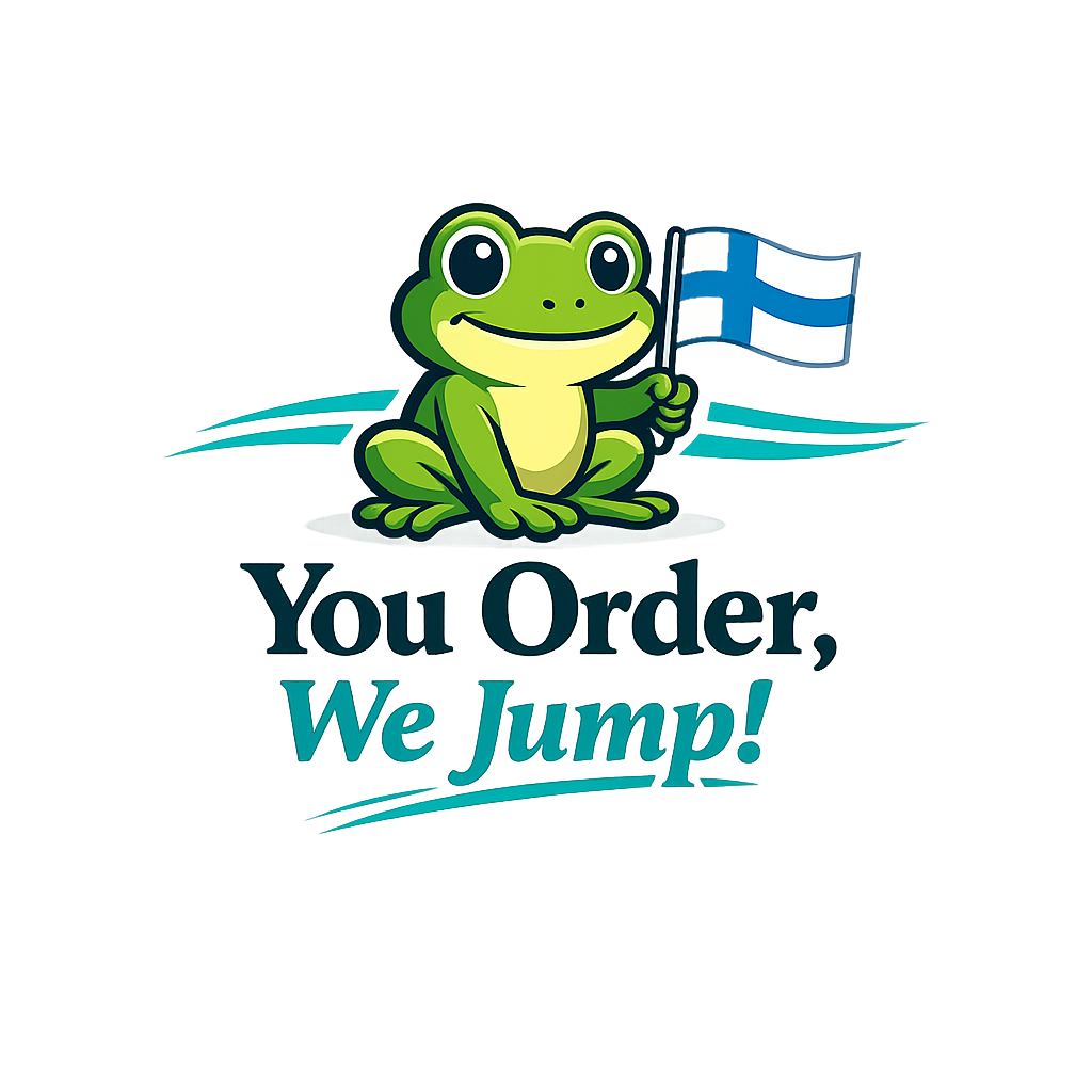 Friendly green Sammakko frog holding the Finnish flag